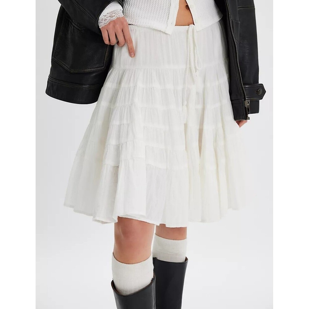 Free People Many Layers Solid Midi Skirt Tiered Low Rise Cotton Swing S 285848